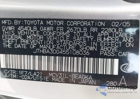 2005 Lexus Es 330 from USA, damaged, VIN JTHBA30G455108036